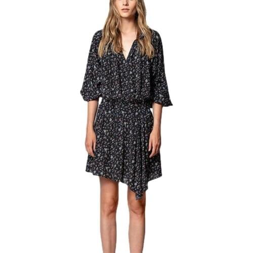 Women Dress 2021 Spring and Summer New Style Ladies Stitching V-neck Print Dress