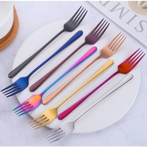 1pc Stainless Steel Dinner Fork Colourful Dessert Long Handle Fork Blue Black Gold Forks For Hotel Party Hone Kichen Accessories