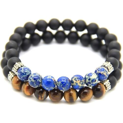 Ailatu New Men and Womens Bracelet, 8mm High-grade Classic Blue Sea Sediment Stone and Tiger Eye Stone Strand Beads