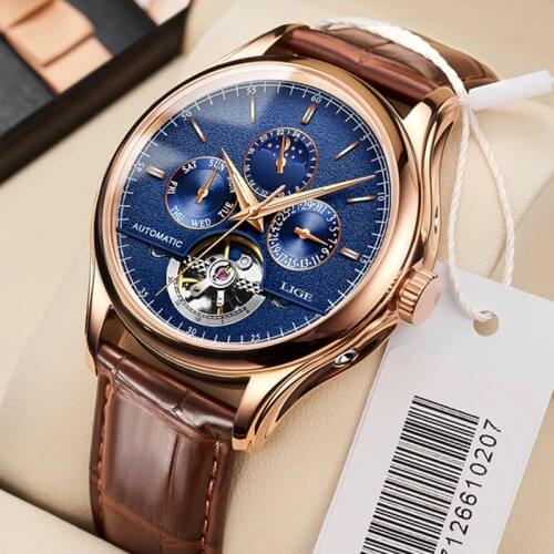 LIGE New Mens Watches Top Brand Luxury Automatic Mechanical Watch Men Leather Waterproof Watch Week Clock Relogio Masculin +Box