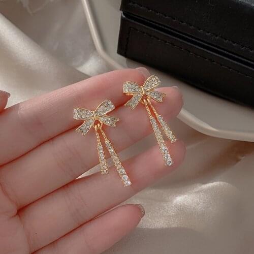 Dongdaemun, Korea, French bow, full diamond tassel earrings, female temperament, fashion design earrings