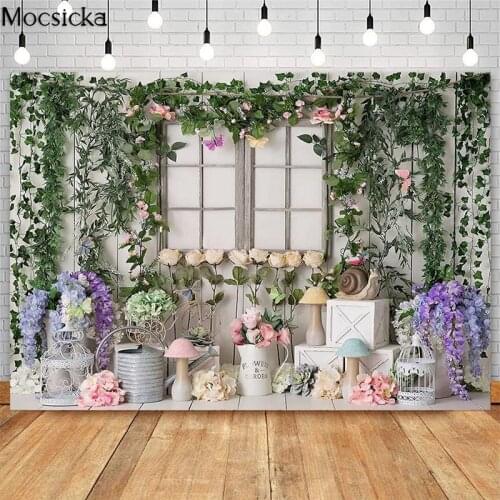 Garden Flowers Girls Cake Smash Windows Backdrop for Photography Mushroom House Green Leaves Photo Booth Background Studio Prop