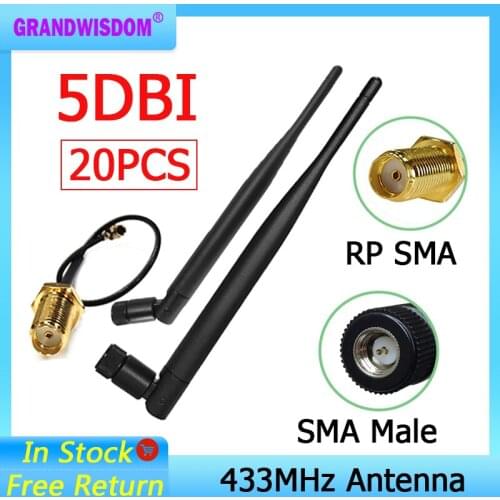 20pcs 433MHz Antenna lora lorawan 5dbi SMA Male Connector 433 mhz IOT antena waterproof antenne+ RP-SMA/u.FL Pigtail Cable