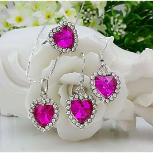 QiLeSen Fine jewelry 925 sterling silver suitable for ladies set, Ocean Heart Fuchsia Necklace Earring Ring Set YW165