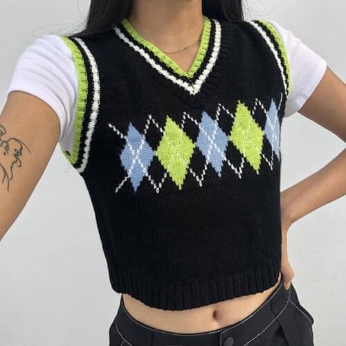 Plaid Knitted Tank Top Female Streetwear Preppy Style Y2K Clothes Stripe VNeck Cropped Knitwear 90s Sweater Vest
