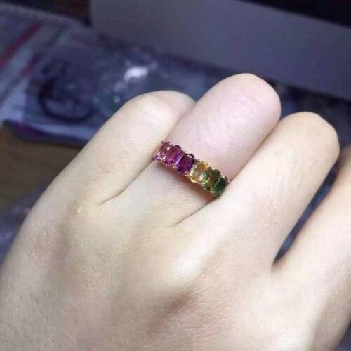 Natural multicolor tourmaline gem Ring Natural gemstone ring 925 sterling silver trendy Slender elegant array women Jewelry