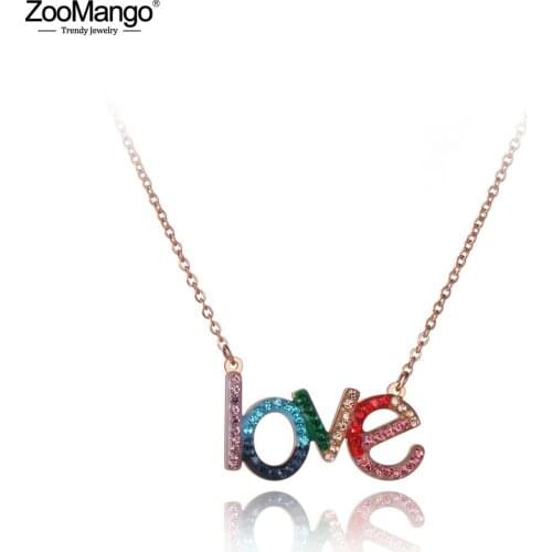 ZooMango Rose Gold Stainless Steel Colorful CZ Crystal LOVE Choker Necklaces For Women Trendy Charm Pendant Necklace ZN19185