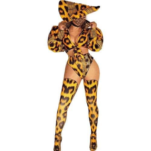 Leopard Sexy Four-Piece Bikini Suit Foldable Hat Nightclub Party Singer Costume For Woman Dancer Singer Stage Wear