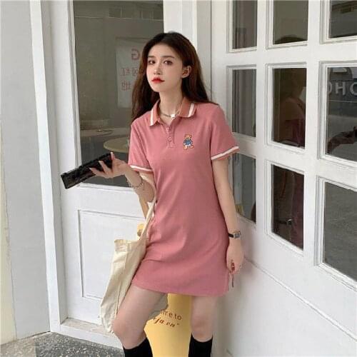 Bear Embroidery Tight Dress Lapel T-Shirt One Piece Dress For Woman 2021 Summer Polo Collar Pink Dresses KPOP Sexy Skirt Korean