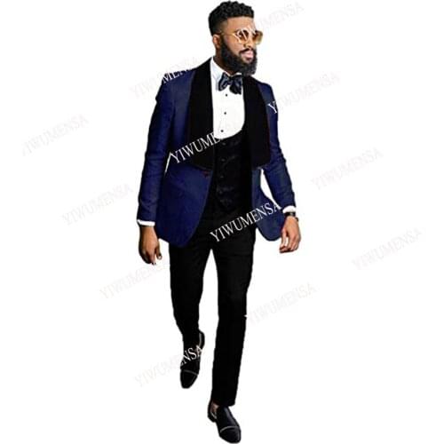 Slim Fit Tuxedo Tailor-Made Suits One Button Jacquard Blazer Dress Velvet Shawl Lapel And Vest Mens Formal Wear Outfits 3 Piece