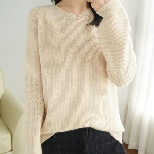 Autumn and winter new cashmere sweater round neck solid color knitted long-sleeved loose pullover womens 100% pure wool sweater