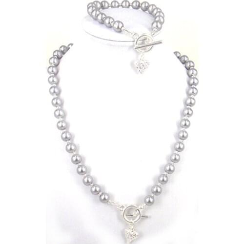 Fashion sweet heart grey glass pearl necklace and bracelet set for women jewelry