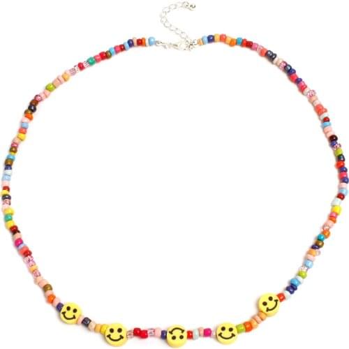 Smiley Face Rice Beads Beaded Necklace for Women Clavicle Chain Short Necklaces Female Silver Color 2021 Fashion Jewelry New