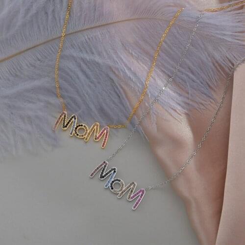 ALLNEWME Personality Rainbow Gradient Shiny Rhinestone Letter Pendant Necklace Gold Titanium Steel Necklaces for Women Mom Gifts
