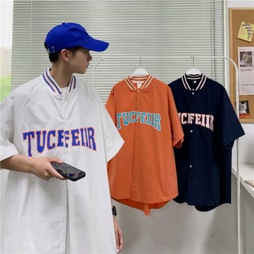 Baseball collar short-sleeved shirt summer letter printed shirt national tide high street port style retro loose shirt ins tide