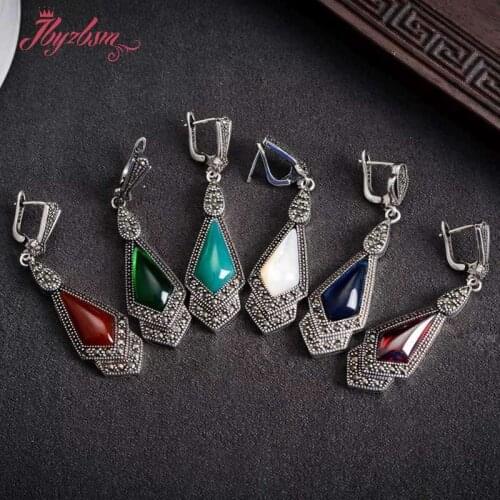 9x11mm Rhomb Gem Stone Beads Inlaid Marcastie Tibetan Silver Trendy Fashion Dangle Huggie Earrings 1 Pair,15x50mm,Free Shipping