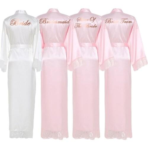 Silk Satin Robe Bridesmaid Robes Lace Robe Long Sleeve Bridal Wedding Robe Sleepwear Bathrobe Long Gowns for Women Pink