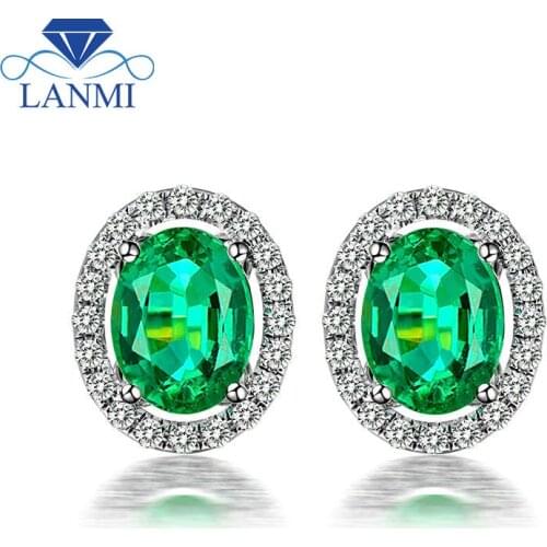 Fashion Ladies 2.29ct Colombia Emerald Gemstone Stud Earrings Solid 14K White Gold Natural Diamond Emerald Earrings For Women