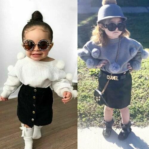 US Newborn Baby Kid Girl 1T-6T Warm Outfits Sets Hairball Knit Tops+Button Mini Skirts