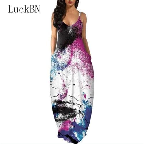Tie Dye Print Summer Bohemian Dress Women Spaghetti Strap Sleeveless Loose Dress Large Size Vintage V Neck Pockets Maxi Dresses