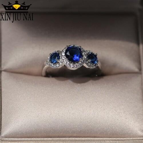 Vintage Three Sky Blue Zirconia Engagment Ring Women Crystal Jewelry Silver Wedding Rings For Women Simple Gifts