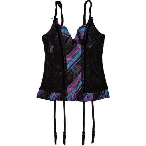 Black Plaid Gauze Bow Lace Women Ruffle Gothic Sexy Bustier with Belts Underwear Metal Clips Waist Trainer Corset SH037