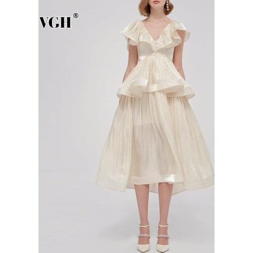 VGH Elegant Solid Ruffle Dress For Women V Neck Sleeveless High Waist A Line Ruched Midi Dresses Female Summer Fashion 2021 New