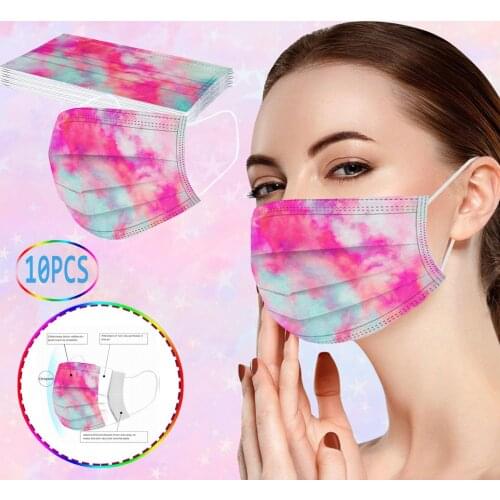 10pc Fashion Tie Dye Face Mask Disposable 3layer Protection Mouth Mask For Women Adult Pm2.5 Colorful Masks Decoration