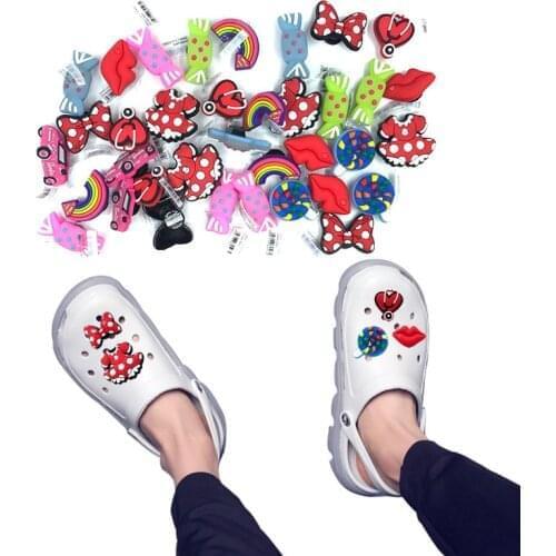 10pcs Candy Rainbow Bow Heart High Imitation PVC Shoe Decoration Accessories Jibz for Croc Shoes Charms Fit Bracelets Kids Gift
