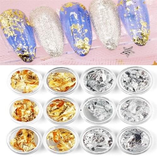 12jar/lot Gold Silver Flakes Nail Tin Foil Foils Paper Shiny Nail Sparkles Nail Art Flakies 3D Holo Foil For Nails DECORATION