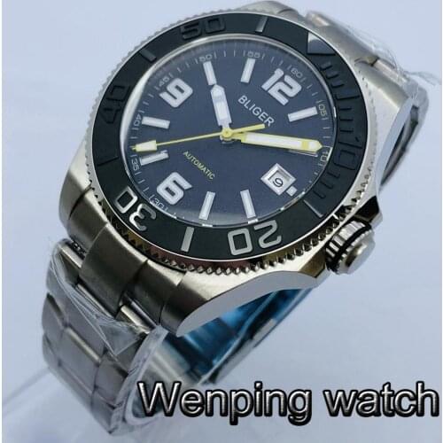 Bliger 43mm Top Casual Luxury Mechanical Watch Sapphire Glass Ceramic Bezel Black Dial Waterproof Luminous Automatic Watch