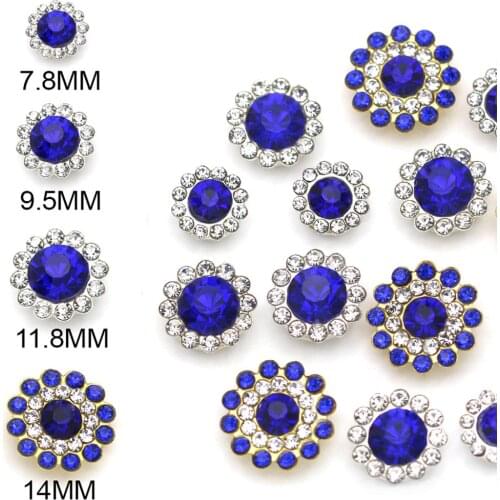 Flower Rhinestone Buttons Crystal Strass Metal Base Buttons For Clothing/Shoes Sapphire Glass Rhinestones DIY Crafts Hair Bows
