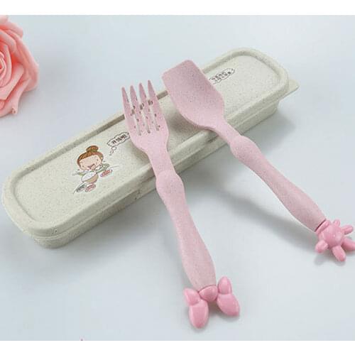 Children Spoon Suit Wheat Straw Kids Tableware Portable Travel Students Cartoon Cutlery Dinnerware Set