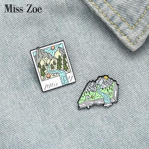 Camping Enamel Pin Custom Mountain Forest Photo Picture Book Brooch Bag Clothes Lapel Pins Badge Jewelry Gift for Friends