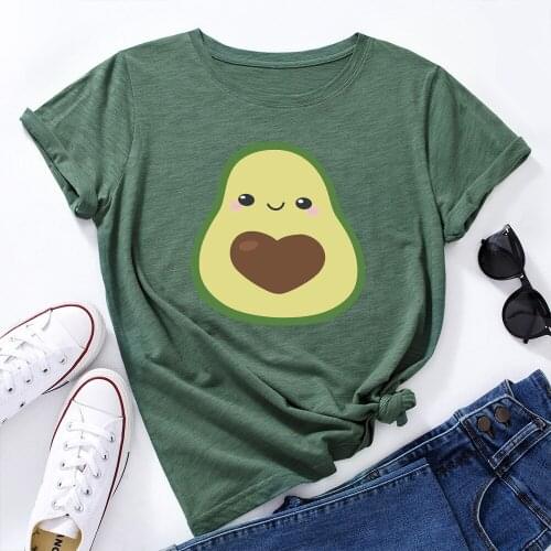 Funny Kawaii Women 100%Cotton T-shirt Cartoon Lovely Avocado Print TShirts Plus Size S-5XL O Neck Short Sleeve Tshirt Lady Tops
