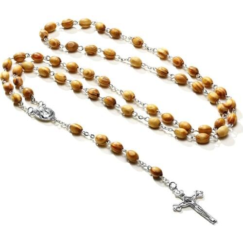 Catholicism Round Bead Catholic Cross Pendant Necklaces Religious Wood Beads Men Women Charm Jewelry Gift