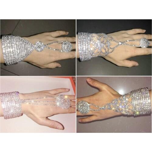 Slave Silver Hand Crystal Chain Ring Bridal Bracelet Bangle Rhinestone Hand Decoration Wedding Cuff Attached Ring Set Gold