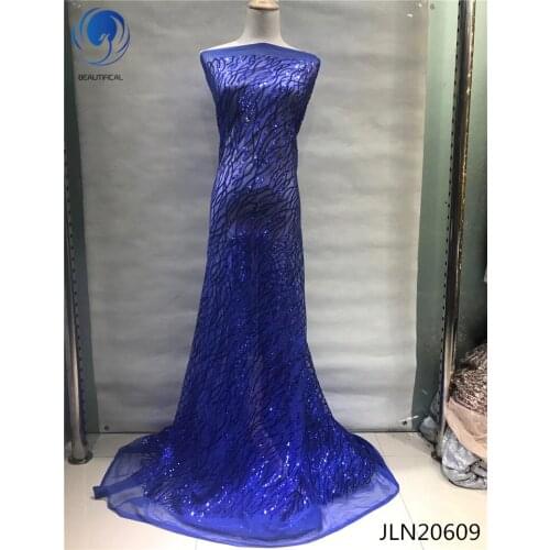 BEAUTIFICAL Royal blue french lace fabrics for wedding 2018 New arrival african tulle mesh lace with sequins net lace JLN206