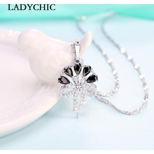 LADYCHIC Cute Bowknot Black Zircon Pendant Fashion Elegant Silver Color Crystal Necklace Wedding Party Jewelry for Women LN1095