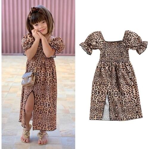 Summer Girls Casual Long Slit Dress Brown Leopard Printed Pattern Short Sleeve Square Collar Dresses Sundress