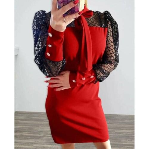 Fashion Summer Dress Women Lace Puff Sleeve Bodycon Grid Sequin Tie Neck Mini Dress Lady Evening Party Dress vestidos femme