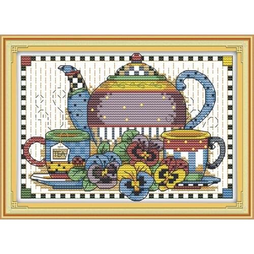 This tea set cross stitch kit cartoon 14ct 11ct count print canvas stitches embroidery DIY handmade needlework plus