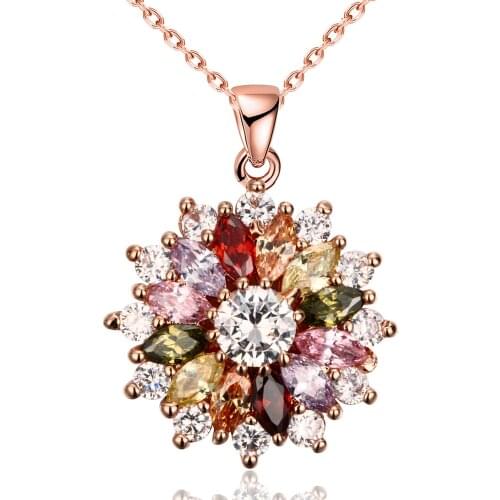 ZEMIOR Flowers Pendant Necklaces For Women 5A Clear Cubic Zirconia Rose Gold Color Necklace Wedding Romantic Fashion Jewelry