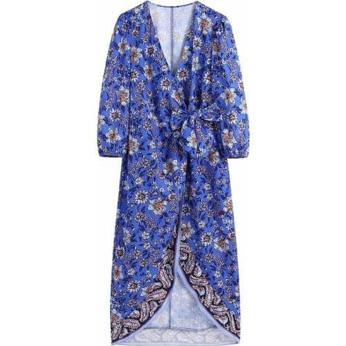 Boho Style Floral Printed Midi Dress Female V Neck Puff Long Sleeve Dresses Female Chic Bow Tied Elegant A Line Dress