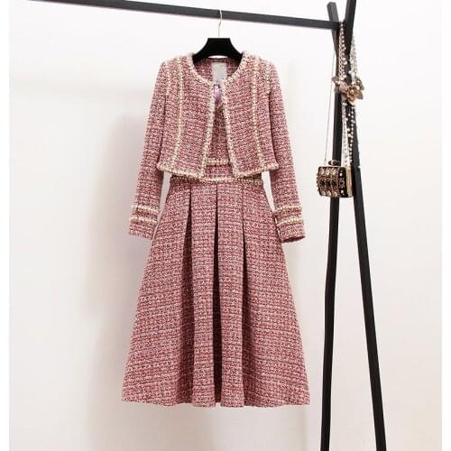 Luxury Quality 2020 Fall Winter Tweed Dress and Jacket 2 Piece Set Women Tweed Short Jacket Coat + Beading Vest Dress Sets