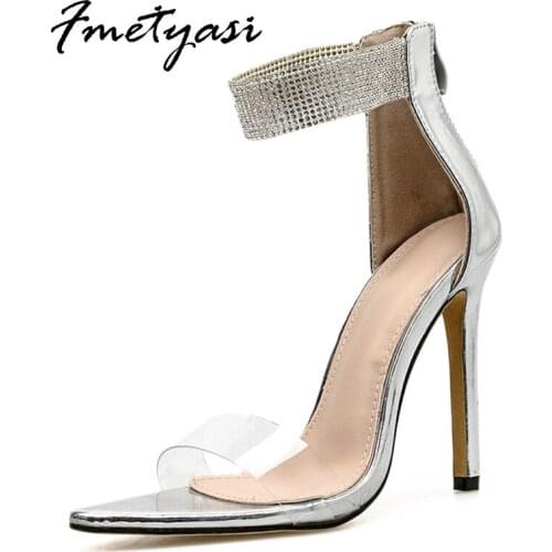 Silver Womens Sandals Rhinestone Crystal Cover Heels Pumps Pointed Toe Ladies Shoes Stiletto Sandals Slip-On Street Style