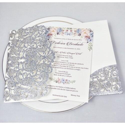 20pcs Silver Glitter Laser Cut Pocket Invitations for Wedding Party DIY Printable Quinceanera Cards