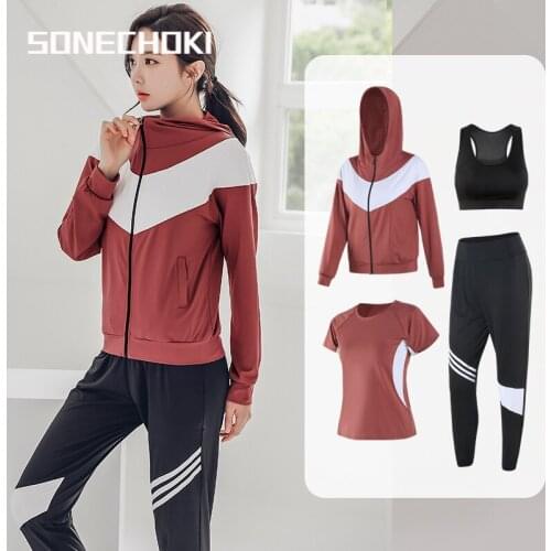 SONECHOKI 4pcs Yoga Set Women Patchwork Hooded Sportswear for Female Gym Clothing Running Fitness Jogging Workout Tracksuit