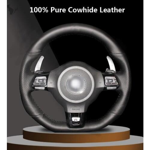 Hand-stitched Black Genuine Leather Steering Wheel Cover for Volkswagen Golf 6 GTI MK6 VW Polo GTI Scirocco R Passat CC