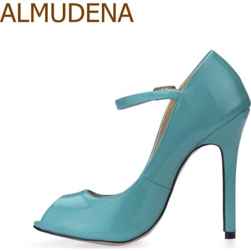ALMUDENA Ladies Fantastic Turquoise Patent Leather Dress High Heel Pumps Peep Toe Buckle Strap Party Shoes Free Shipping